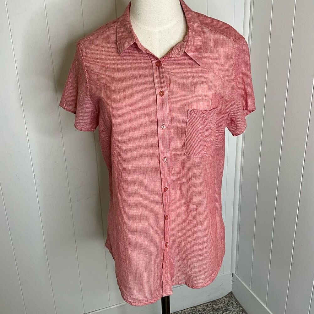 Purnell Work Wear Womens Size Medium Button Front Shirt Red Pink Short Sleeve